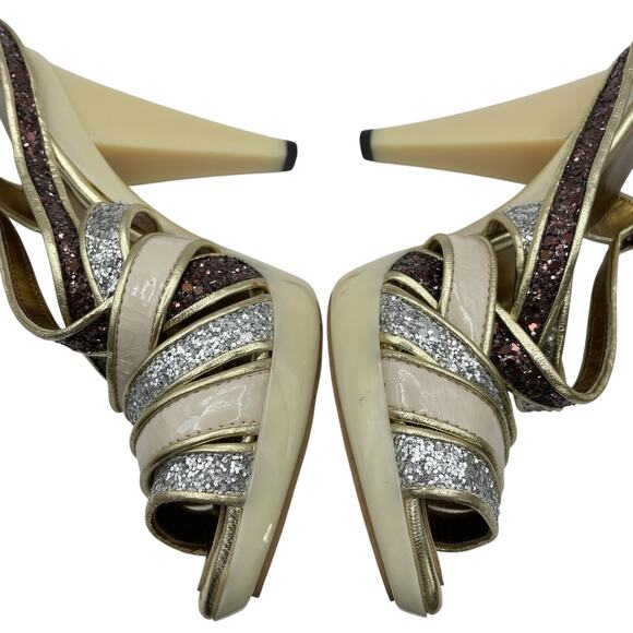 Kate Kuba Size 7 Glitter High Heels Silver Gold Open Toe 4 inch Women's Shoes - Picture 4 of 8